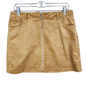 Womens Brown Love Tree Mini Skirt Corduroy Ribbed Front Zip Size L Large